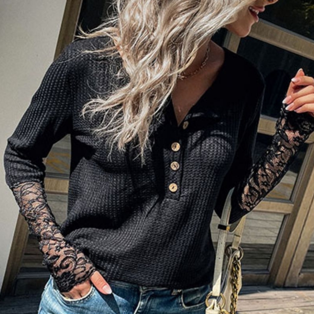 Lace Sleeve Waffle Weave Top in Charcoal Grey